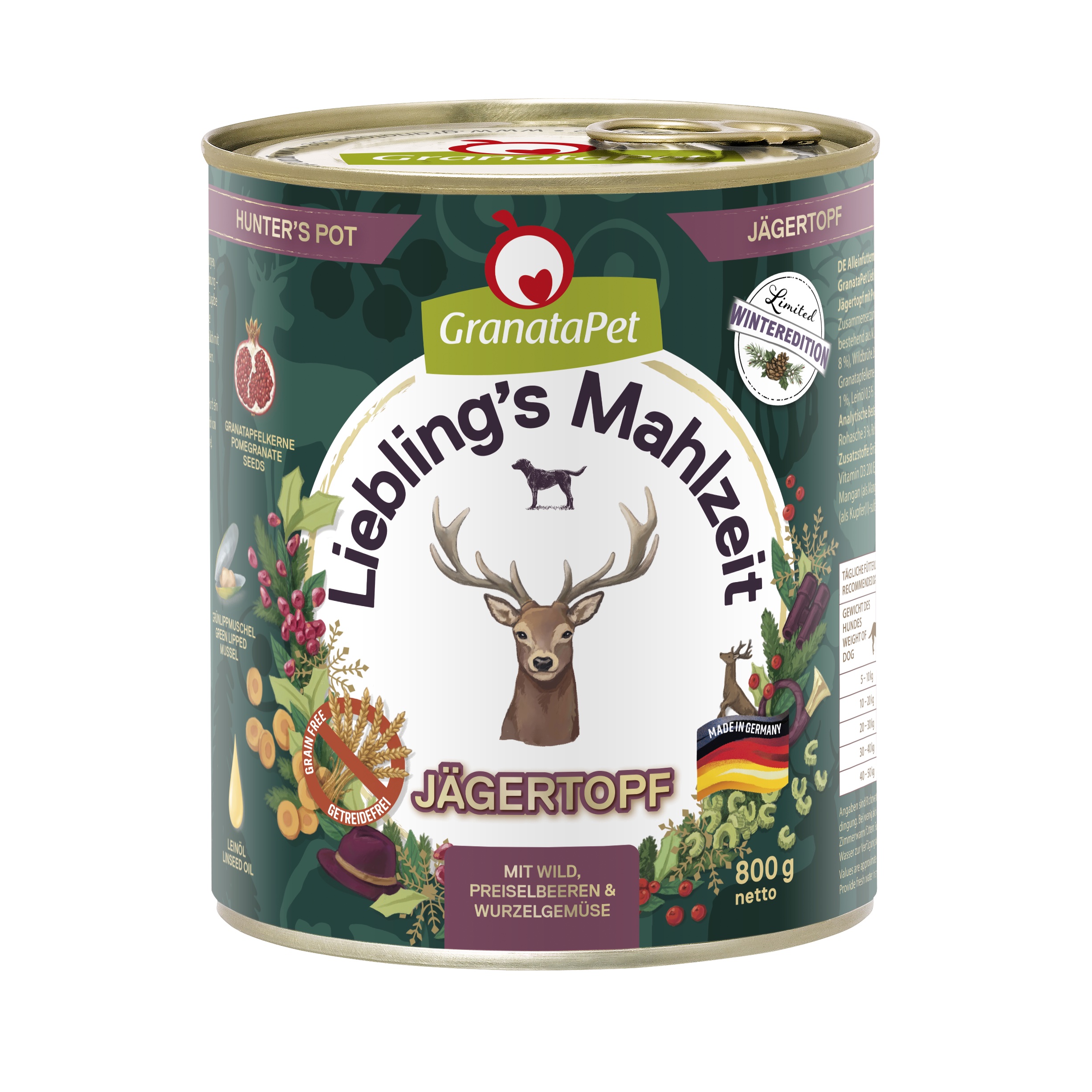 GranataPet Limited Winteredition 2022 Jägertopf mit Preiselbeeren und Wurzelgemüse 800g (Hund)