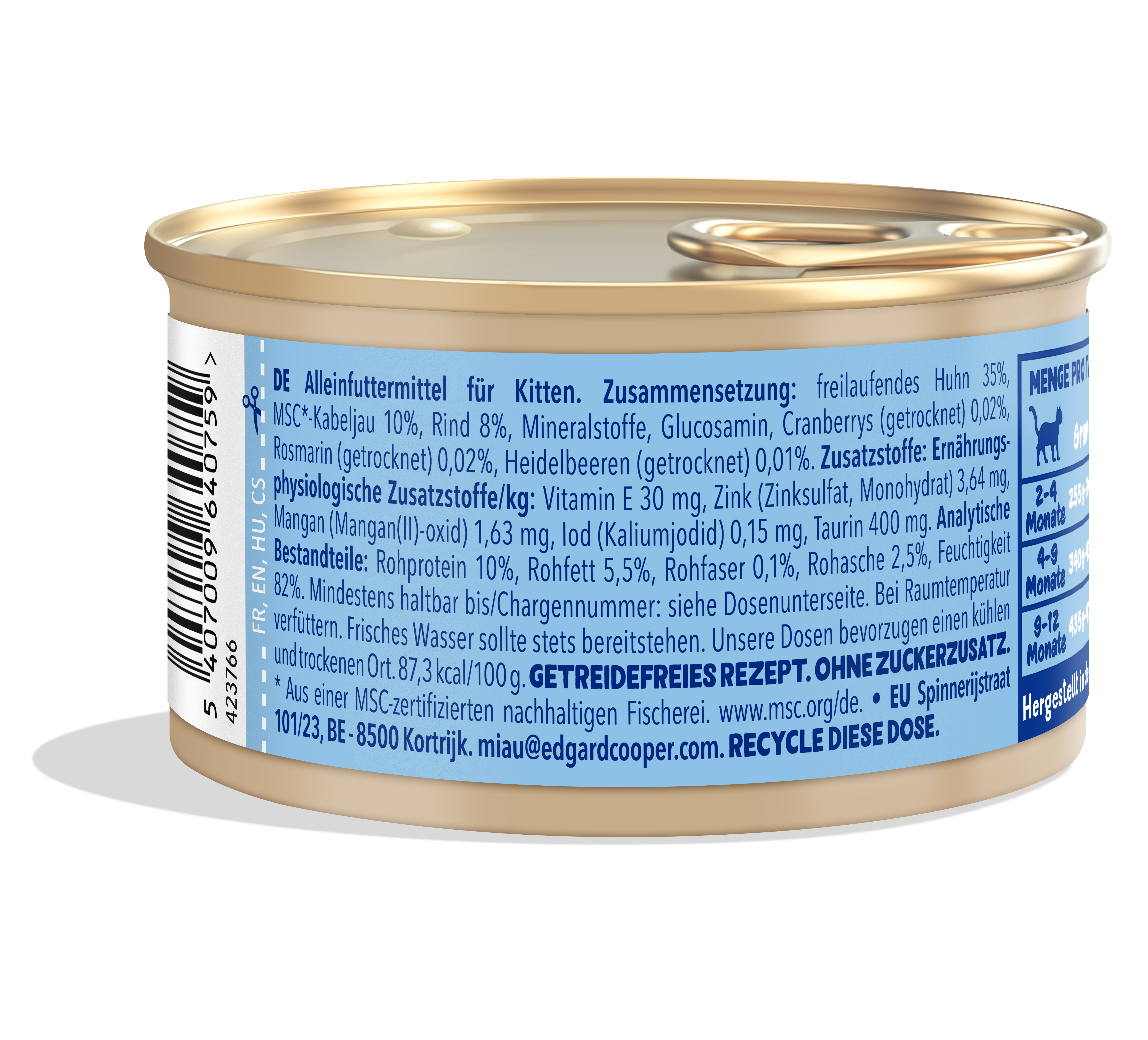 Edgard & Cooper KITTEN Stückchen in Sauce (Dose) MSC-Kabeljau und Freilaufhuhn mit Blaubeeren 85g