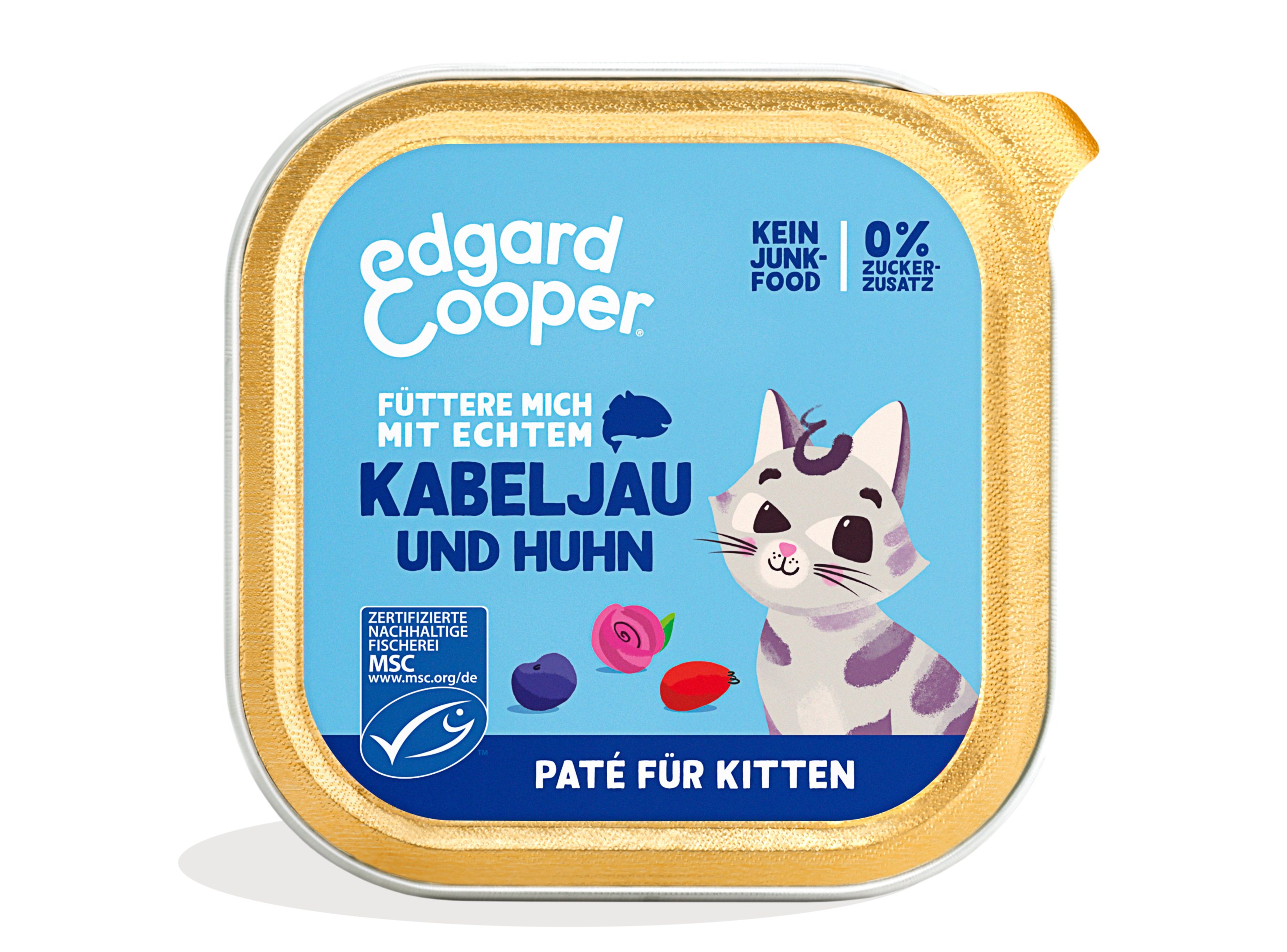 Edgard & Cooper KITTEN Paté (Schale) MSC-Kabeljau und Freilaufhuhn mit Blaubeeren 85g