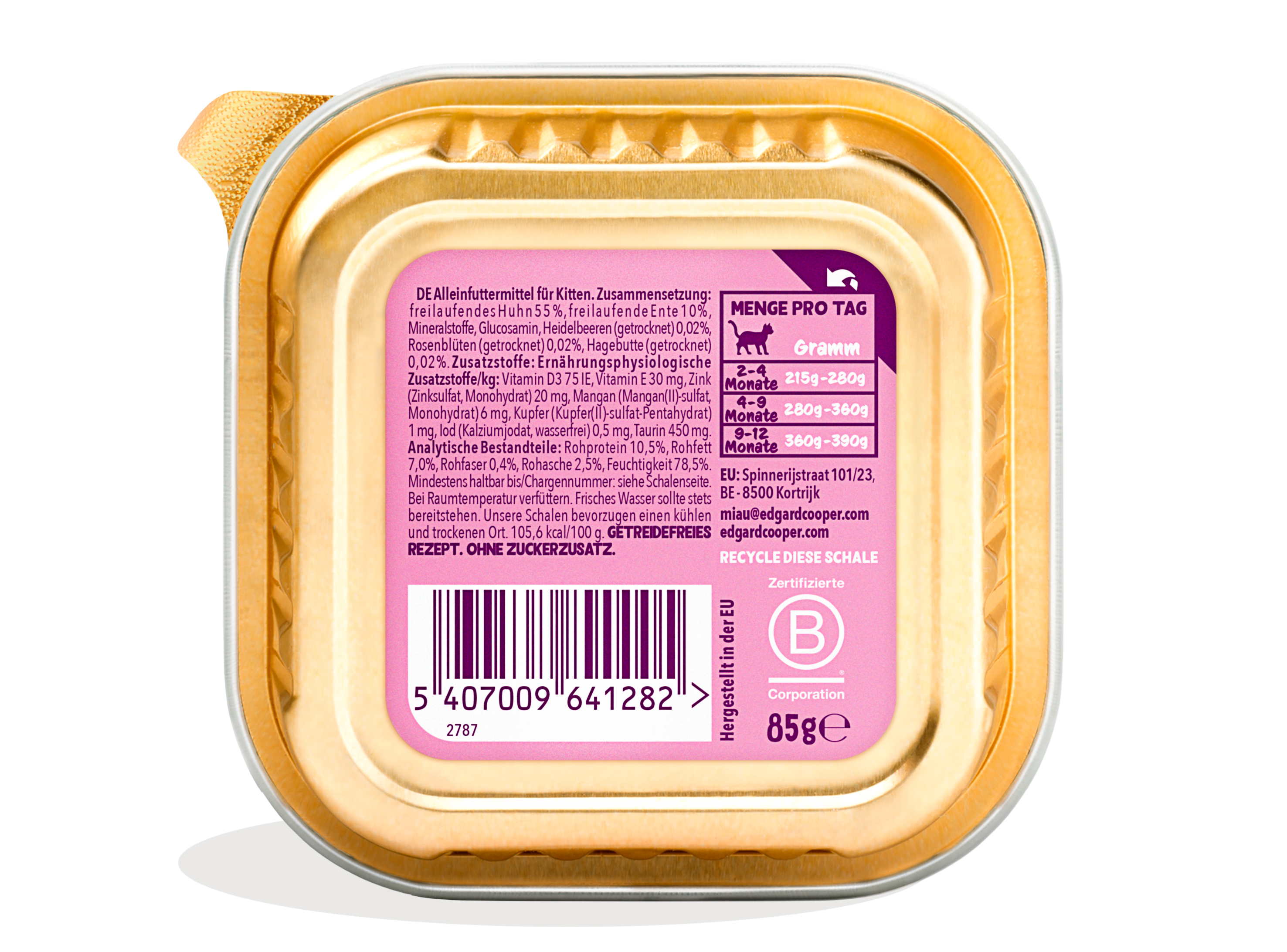 Edgard & Cooper KITTEN Paté (Schale) Freilaufente und Freilaufhuhn mit Blaubeeren 85g