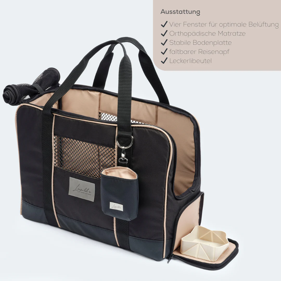 Leopold's Finest Flugtasche für Dackel und kleine Hunde mit orthopädischer Matratze schwarz