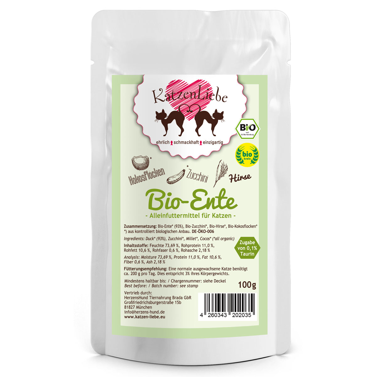 Katzenliebe Bio-Menü - 100g Pouchbeutel