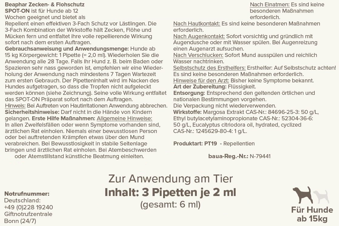 Beaphar Zecken- und Flohschutz SPOT-ON 3x2ml für große Hunde (ab 15 kg)